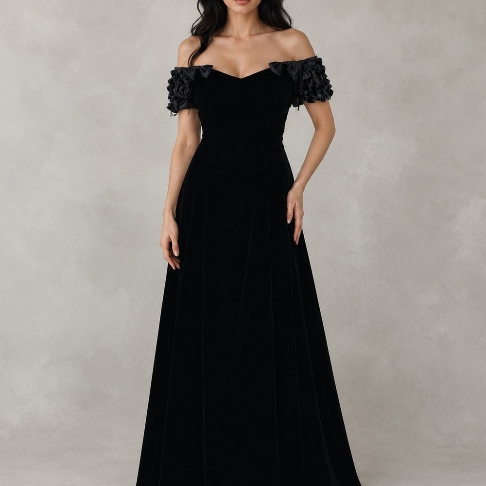 Vintage 90s Black Velvet Gothic Gown Off Shoulder Vampy Whimsigoth Dress Size 6